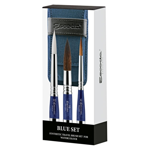 SET BLUE ESCODA - ASTUCCIO IN TESSUTO CON 3 PENNELLI DA VIAGGIO RICHIUDIBILI SINTETICI ASSORTITI