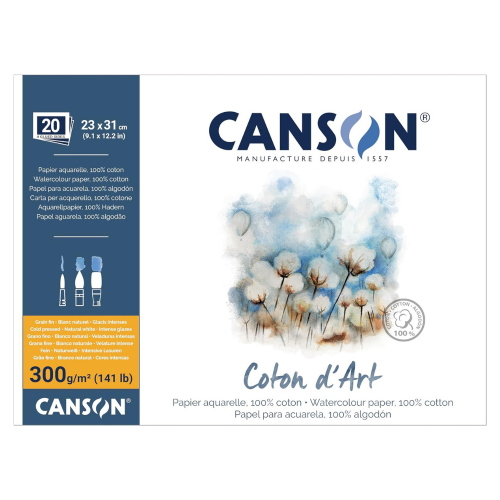 BLOCCO CARTA PER ACQUERELLO 100% COTONE GRANA FINA GR MQ 300 COTON D'ART CANSON