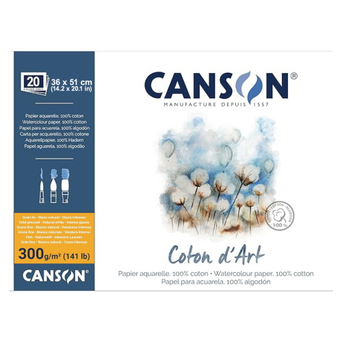 BLOCCO CARTA PER ACQUERELLO 100% COTONE GRANA FINA GR MQ 300 COTON D'ART CANSON