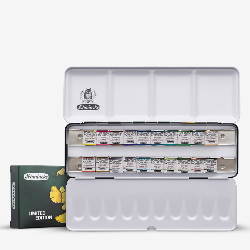 CONFEZIONE IN METALLO 20 ACQUERELLI SOPRAFFINI HORADAM AQUARELL MEZZO GODET "GINKGO" LIMITED EDITION SCHMINCKE