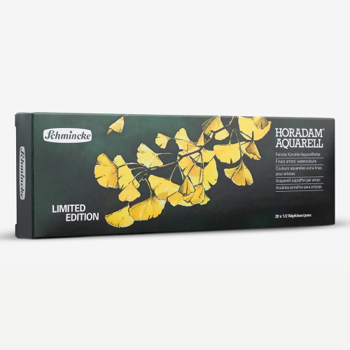 CONFEZIONE IN METALLO 20 ACQUERELLI SOPRAFFINI HORADAM AQUARELL MEZZO GODET "GINKGO" LIMITED EDITION SCHMINCKE