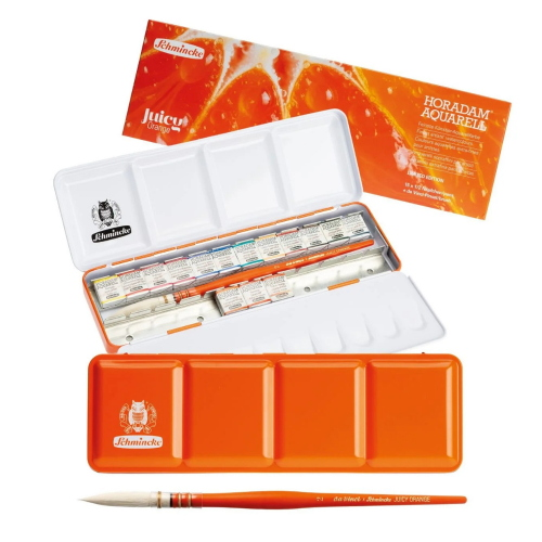 CONFEZIONE IN METALLO 15 ACQUERELLI SOPRAFFINI HORADAM AQUARELL MEZZO GODET PIÙ PENNELLO - JUICY ORANGE EDIZIONE LIMITATA SCHMINCKE 