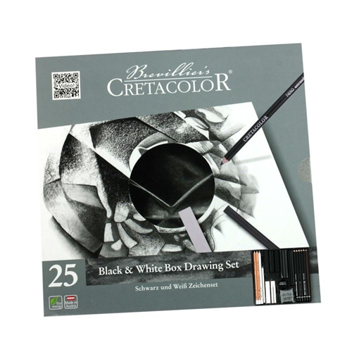 CONFEZIONE IN METALLO CON 25 PEZZI ASSORTITI DI MATITE E STECCHE  "BLACK & WHITE" CRETACOLOR