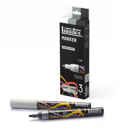 CONFEZIONE CON 3 PENNARELLI ACRILICI MULTISUPERFICIE PUNTA TONDA DA 2 MM LIQUITEX MARKER - SET MONOCHROME