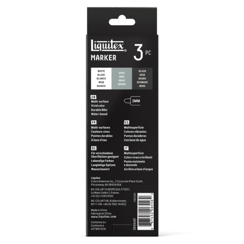 CONFEZIONE CON 3 PENNARELLI ACRILICI MULTISUPERFICIE PUNTA TONDA DA 2 MM LIQUITEX MARKER - SET MONOCHROME