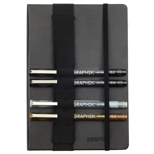 CONFEZIONE BULLET JOURNAL DERWENT CON BLOCCO PUNTINATO A5 (CM 14.8 X 21), 4 PENNE GRAPHIK LINE MAKER, 1 ELASTICO PER PENNE