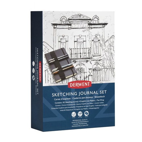 CONFEZIONE SKETCHING JOURNAL DERWENT CON BLOCCO A5 (CM 14.8 X 21), 4 PENNE GRAPHIK LINE MAKER, 1 ELASTICO PER PENNE
