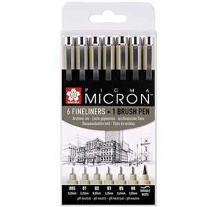 CONFEZIONE CON 7 PENNE PIGMA MICRON NERE SPESS. DA MM 0.2 - 0.25 - 0.3 - 0.35 - 0.45 - 0.50 E PUNTA PENNELLO SAKURA