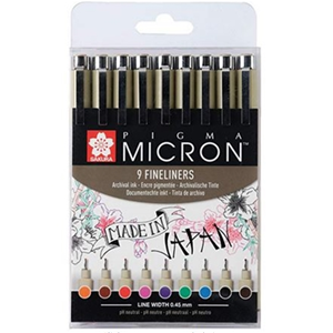 CONFEZIONE IN PLASTICA CON 9 PENNE PIGMA MICRON 05 FINELINERS COLORATE PUNTA MM 0.45 SAKURA