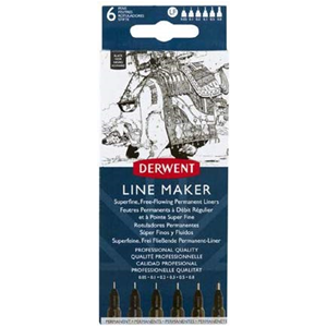 CONFEZIONE IN CARTONE LINE MAKER DERWENT CON 6 PENNE DA MM 0.05 - 0.1 - 0.2 - 0.3 - 0.5 - 0.8 INCHIOSTRO PIGMENTATO COLORE NERO