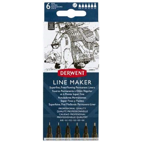 CONFEZIONE IN CARTONE LINE MAKER DERWENT CON 6 PENNE DA MM 0.05 - 0.1 - 0.2 - 0.3 - 0.5 - 0.8 INCHIOSTRO PIGMENTATO COLORE NERO
