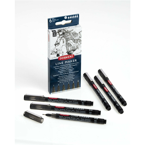 CONFEZIONE IN CARTONE LINE MAKER DERWENT CON 6 PENNE DA MM 0.05 - 0.1 - 0.2 - 0.3 - 0.5 - 0.8 INCHIOSTRO PIGMENTATO COLORE NERO