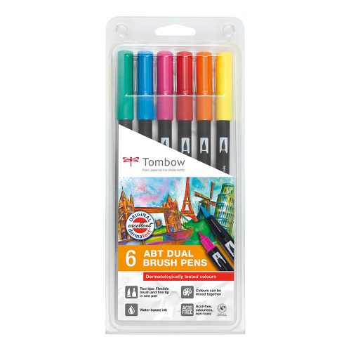 CONFEZIONE 6 PENNARELLI A BASE D'ACQUA ABT DUAL BRUSH SELEZIONE COLORI VIVACI TOMBOW