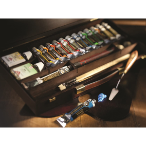CASSETTA IN LEGNO SCURO CM 25 X 40 CON 13 TUBI COLORI A OLIO REMBRANDT 40 ML, MEDIUM, PENNELLI ED ACCESSORI ROYAL TALENS