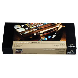 CASSETTA IN LEGNO SCURO CM 25 X 40 CON 13 TUBI COLORI A OLIO REMBRANDT 40 ML, MEDIUM, PENNELLI ED ACCESSORI ROYAL TALENS