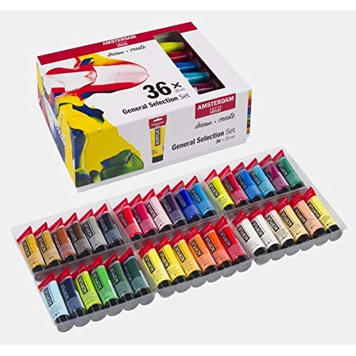 CONFEZIONE IN CARTONE CON 36 COLORI ACRILICI 20 ML SELEZIONE GENERALE ACRYLIC AMSTERDAM ROYAL TALENS